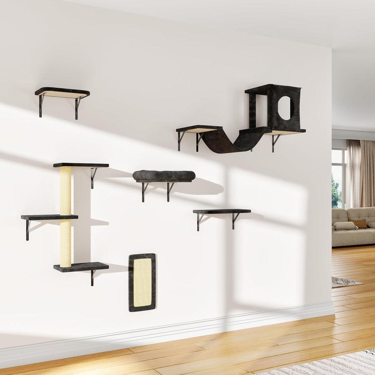 NUNU LAB Wall Mounted Cat Furniture, 6 Pcs Cat Wall Shelves with Condo House, Bridge, Steps