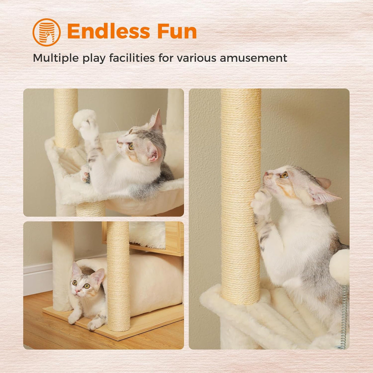 PEQULTI Floor to Ceiling Cat Tree 93.3’’-100.8’’ Height Adjustable Wooden Cat Tower Tall Climbing