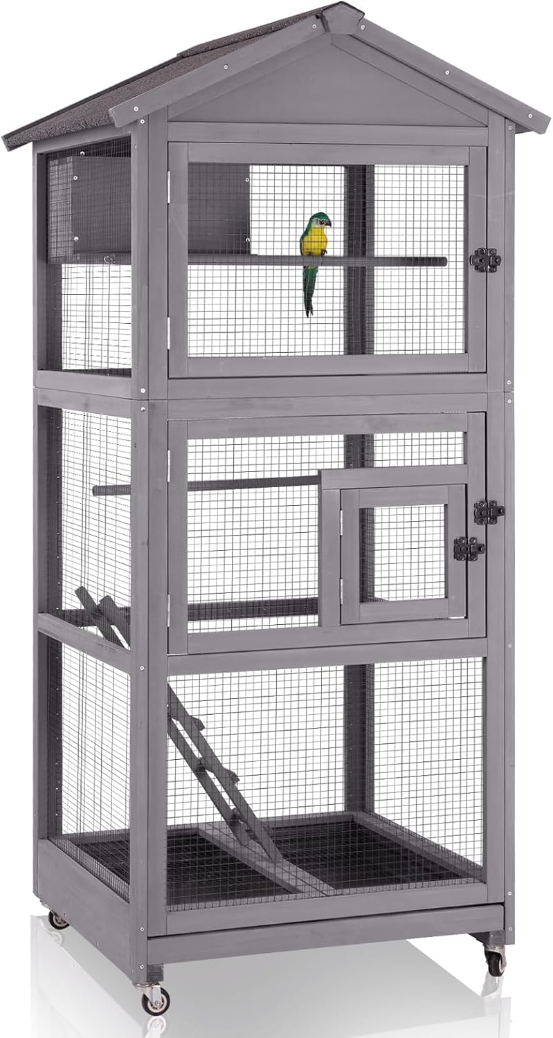 GUTINNEEN Large Bird Cage Outdoor Wooden Aviary Indoor on Wheels, with Play Stand, Perches, Nest