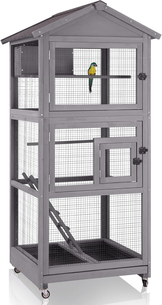 GUTINNEEN Large Bird Cage Outdoor Wooden Aviary Indoor on Wheels, with Play Stand, Perches, Nest