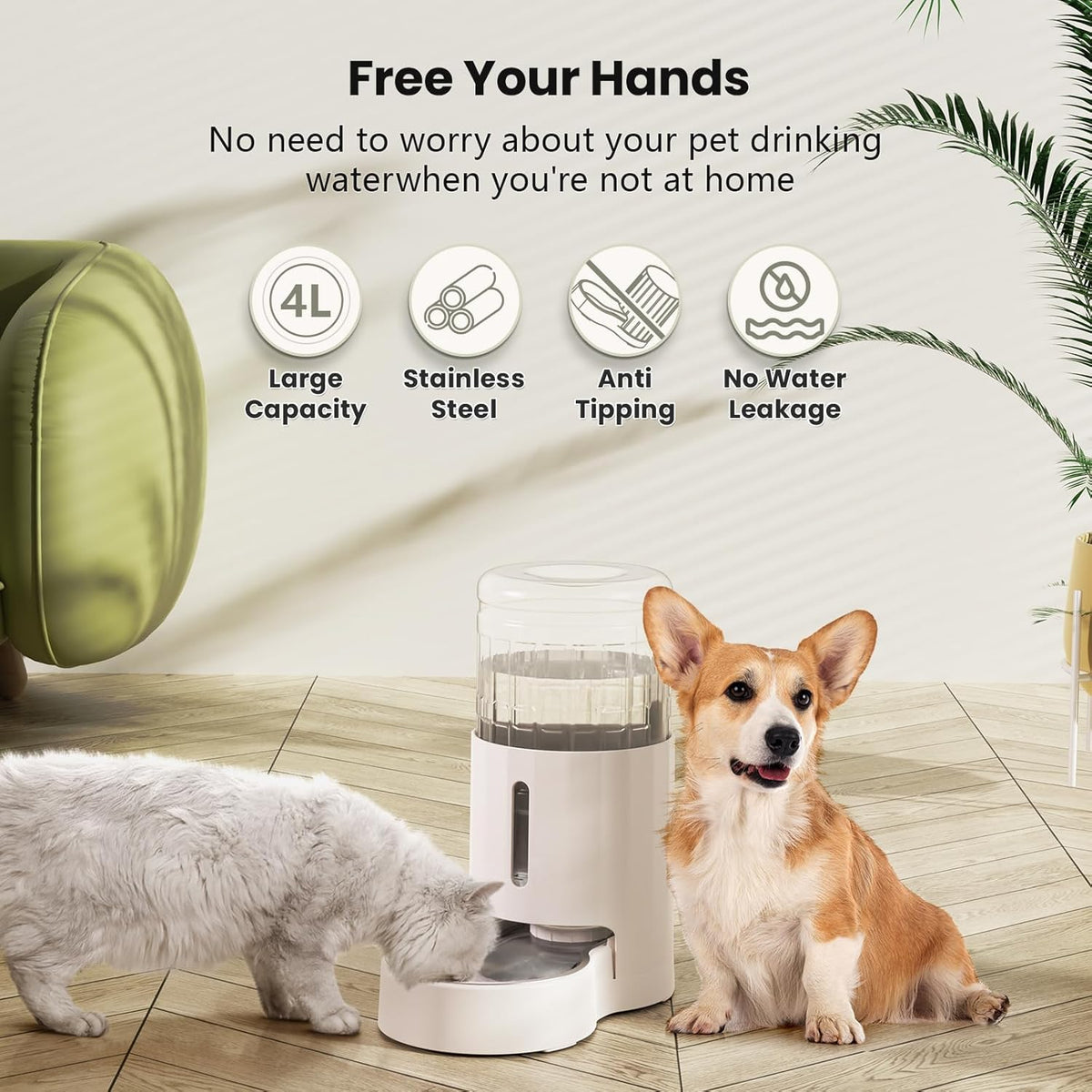 CZPET Automatic 4L/1Gal/135Oz Cat Water Dispenser with Stainless Steel Bowl, Gravity Waterer for