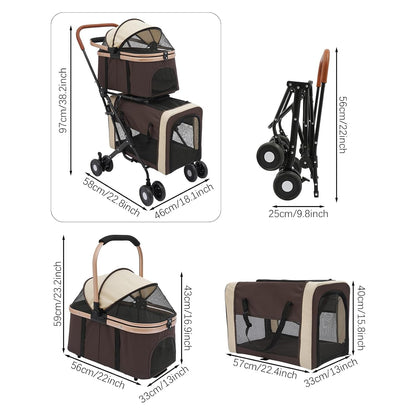 Double Pet Stroller with Detachable Carriers, Large Cat & Dog Stroller with 4 Wheels, Foldable Pet