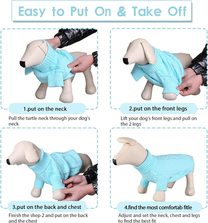 Queenmore Small Dog Pullover Sweater, Cold Weather Cable Knitwear, Classic Turtleneck Thick Warm