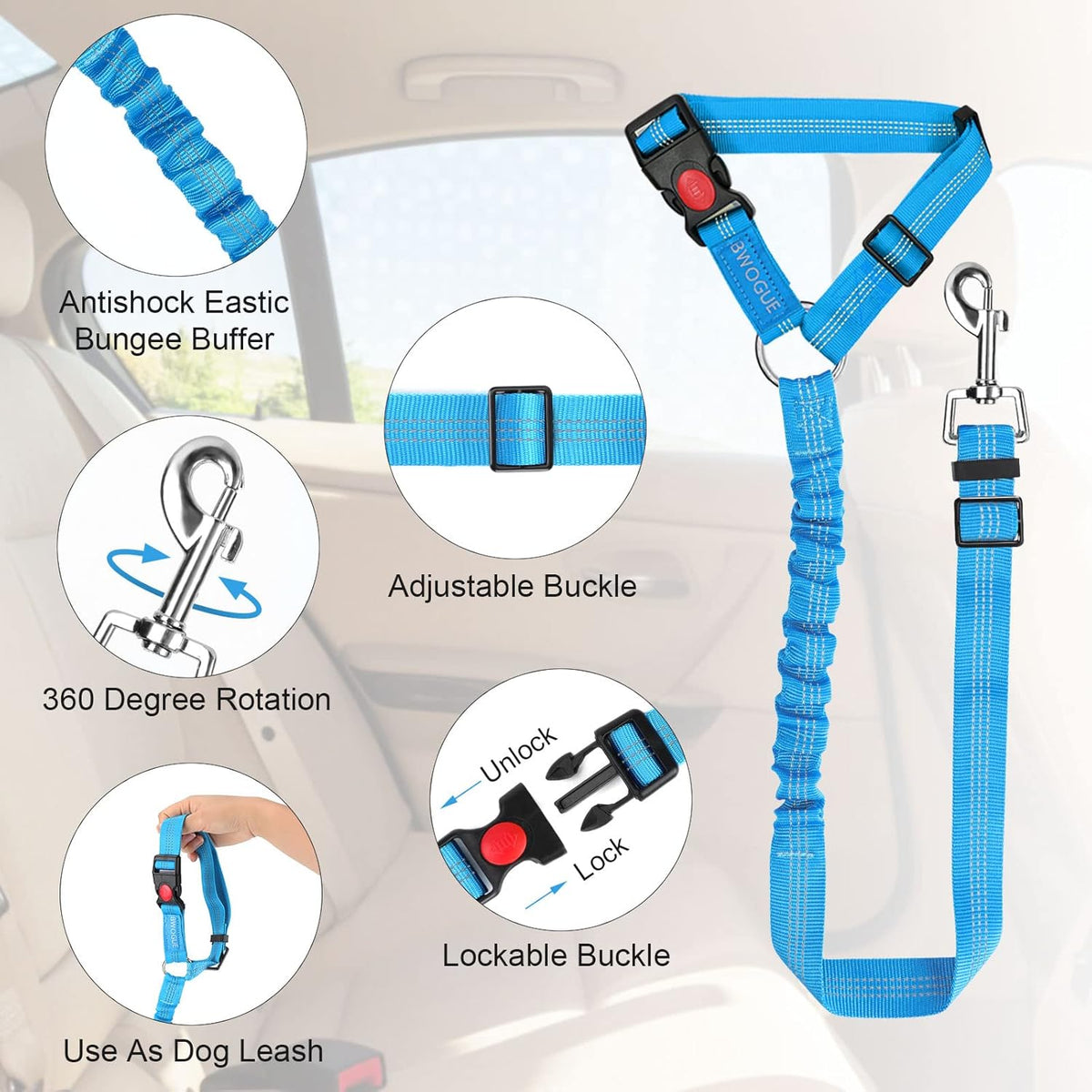 BWOGUE Pet Dog Cat Seat Belts, Car Headrest Restraint Adjustable Safety Leads Vehicle Seatbelt