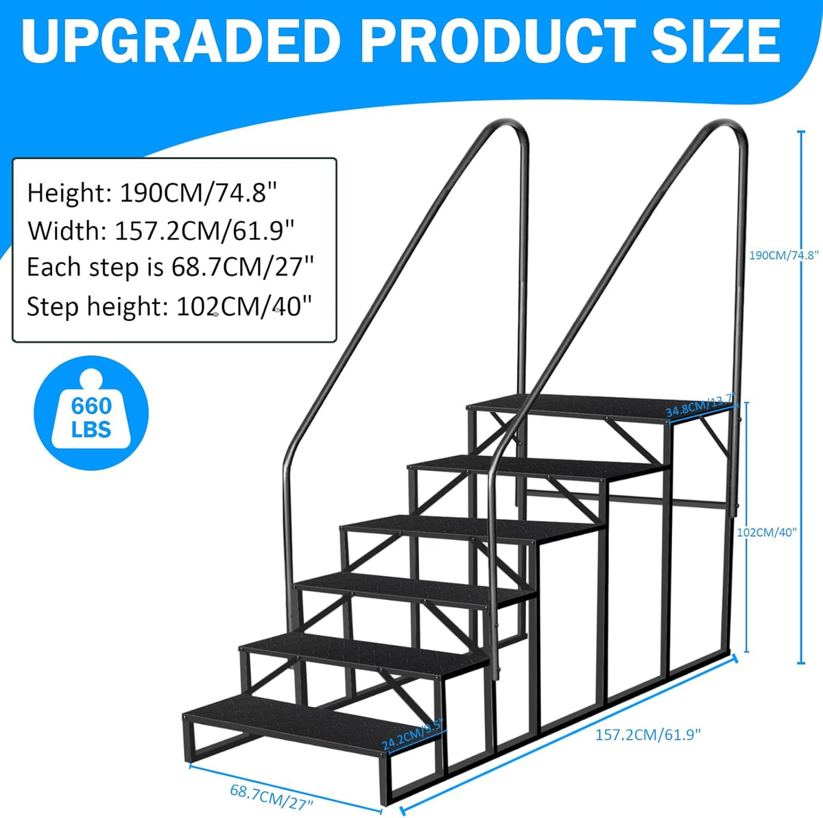 RV Stairs 6 Step Ladder, RV Steps Anti-Slip, Hot Tub Steps with Handrail, 660 lbs RV Ladder for 5th
