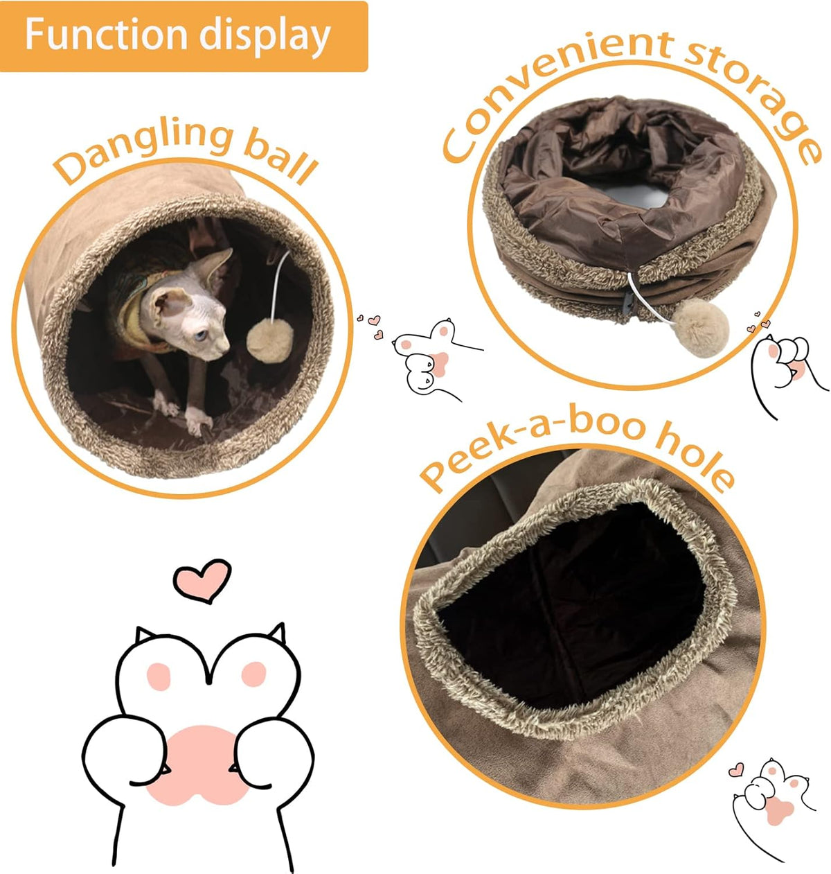 Cat Tunnel for Indoor Cats, 51×12 inch Foldable Big Cat Tunnel, Brown Suede Pet Tunnels with Two