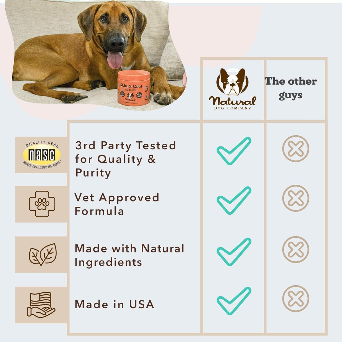 Natural Dog Company Skin & Coat Supplement for Dogs Omega-3 Rich Salmon Oil Chews for Itchy Skin