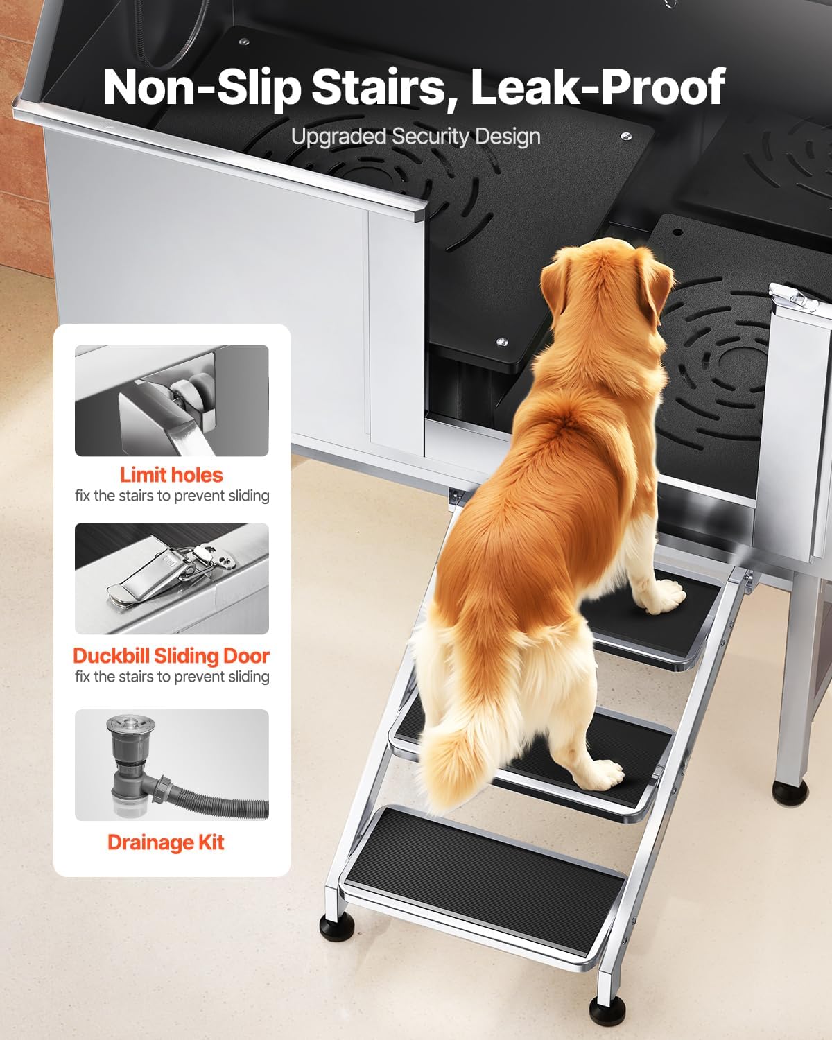 VEVOR Stainless Steel Dog Washing Station, 50 inch Pet Grooming Tub w/Stairs, PE Water Filter