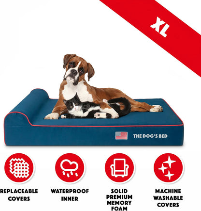 The Dog’s Bed Orthopedic Headrest Dog Bed XL Blue Oxford with Red Trim US Flag 46x28, Memory Foam