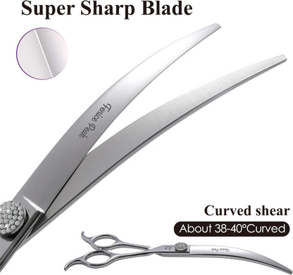 Fenice Peak 7.5‘’ Super Curved Dog Grooming Scissors with Jewelled Screw 440C Stainless Steel Pet