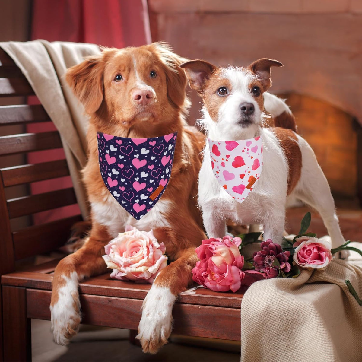PTDECOR Valentine Dog Bandana, White Purple Love Heart Design Reversible Dog Scarf, Triangle