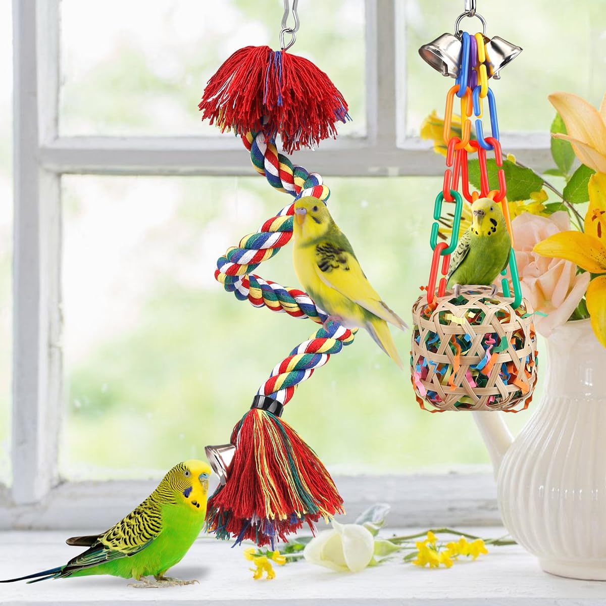 Bird Toys Rope Perch with Bell Colorful Bird Chewing Shredding Foraging Toys Parrot Swing Climbing