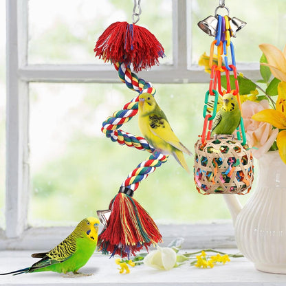 Bird Toys Rope Perch with Bell Colorful Bird Chewing Shredding Foraging Toys Parrot Swing Climbing