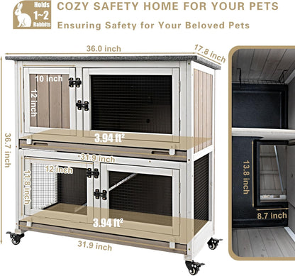 36" L Rabbit Hutch Indoor with 4 Metal Wheels, 2-Story Wooden Bunny Hutch Outdoor Bunny Cage, 2