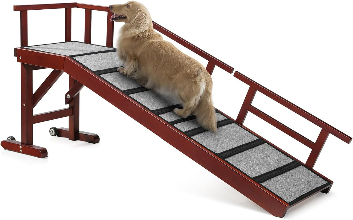 Dog Ramp for Bed or Couch, Wooden Pet Ramp with 20° Gentle Slope, Removable Side Rails, Non-Slip