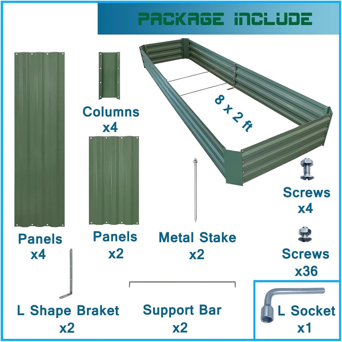 8x2x1ft Metal Raised Garden Bed Kit，Galvanized Garden Bed Box for Vegetables, Flowers, Herbs, and