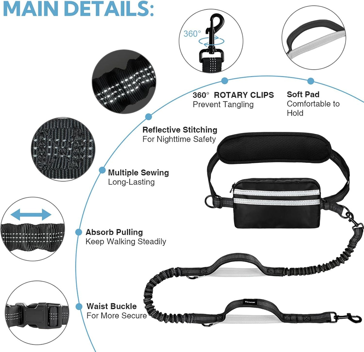 Hands Free Dog Leash with Pouch, Double Leash for Two Dogs, Retractable Bungee with Double Padded