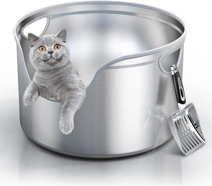 Stainless Steel Litter Box Metal with Integrated Round for XL/XXL Big and Multi Cats, 12" High Wall