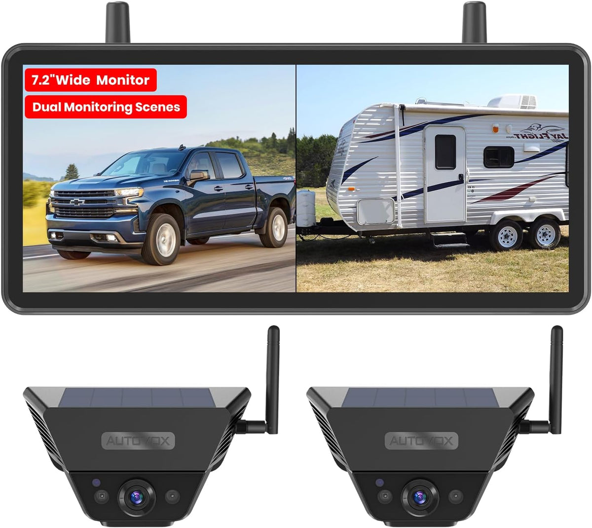 Solar Backup Camera Wireless for RVs and Trailers No-Installation - 7.2" HD 1080P Monitor,Dual