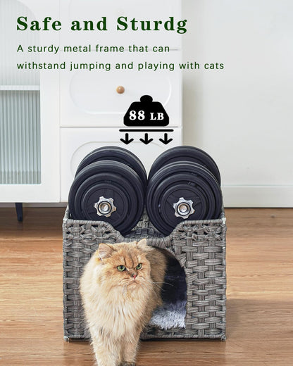 Cat Beds Indoor Kitten House, Handwoven Rattan Cat Cave Pet Cube, Large Cat Houses, One Bed Mat