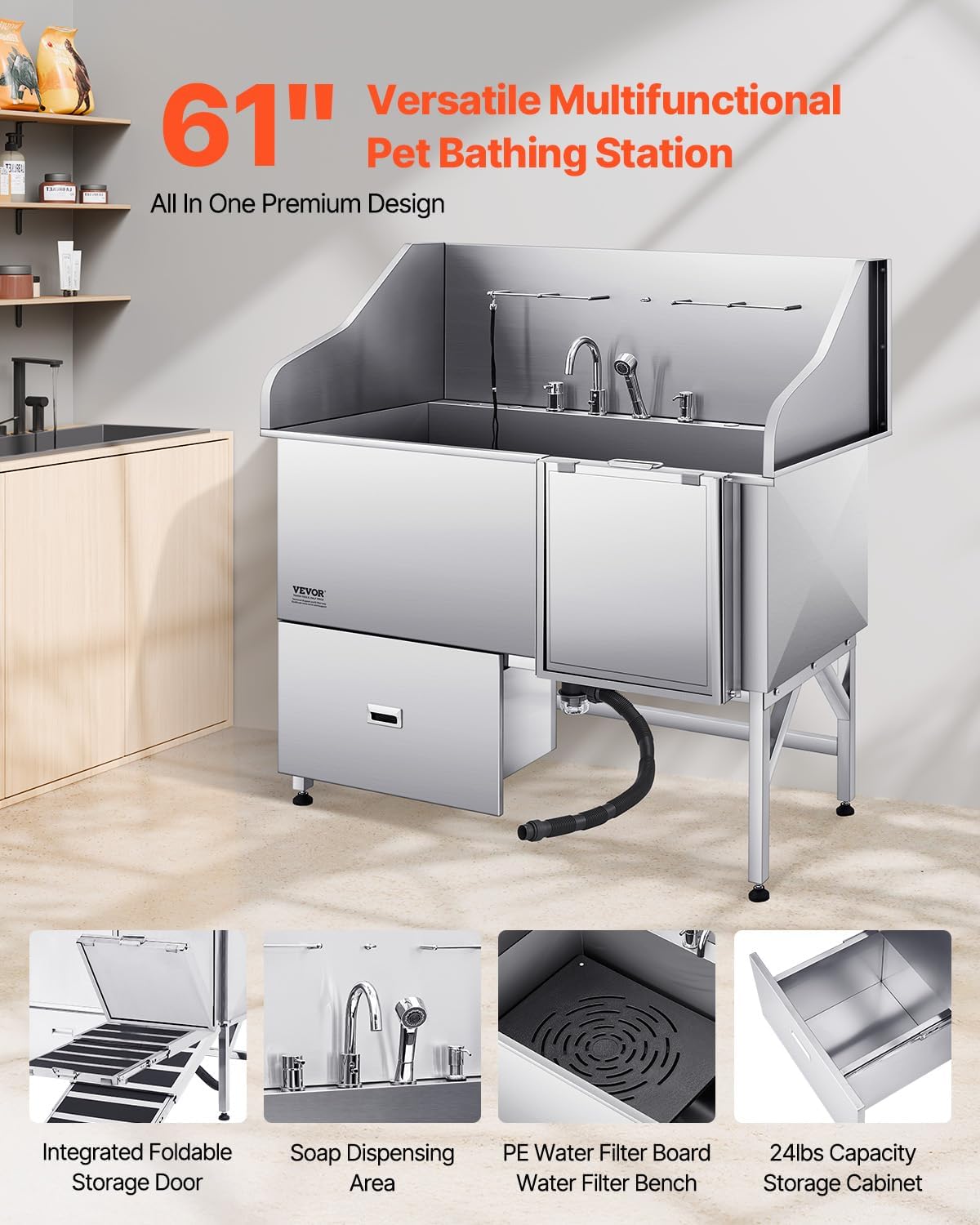 VEVOR Professional 304 Stainless Steel Dog Bathing Station, 61 inch Pet Grooming Tub w/Anti-Slip