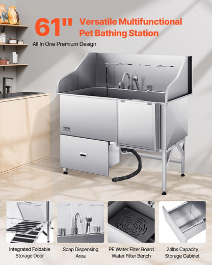 VEVOR Professional 304 Stainless Steel Dog Bathing Station, 61 inch Pet Grooming Tub w/Anti-Slip