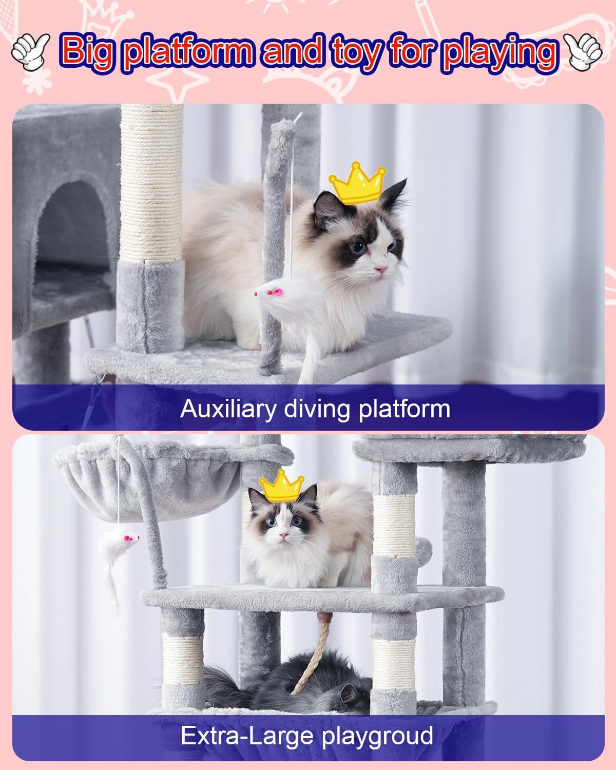 Cat Tree, Cat Tower for Large Cats with 2 Big Platforms, 2 Baskets, condo and Toys, 63" Cat