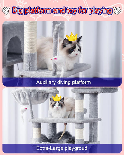 Cat Tree, Cat Tower for Large Cats with 2 Big Platforms, 2 Baskets, condo and Toys, 63" Cat
