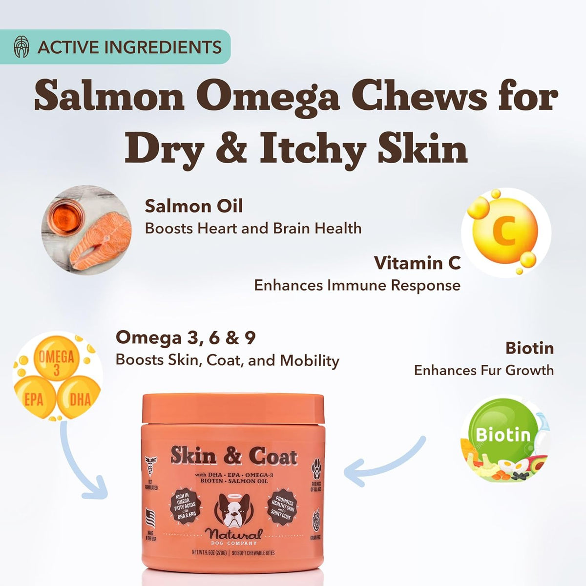 Natural Dog Company Skin & Coat Supplement for Dogs Omega-3 Rich Salmon Oil Chews for Itchy Skin