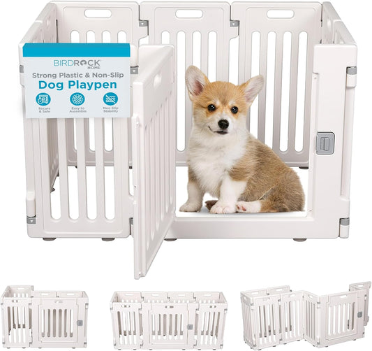 BIRDROCK HOME Dog Playpen w/Door, 8 Panel, 25.6in H | Strong Plastic, Non-Slip Puppy Playpen