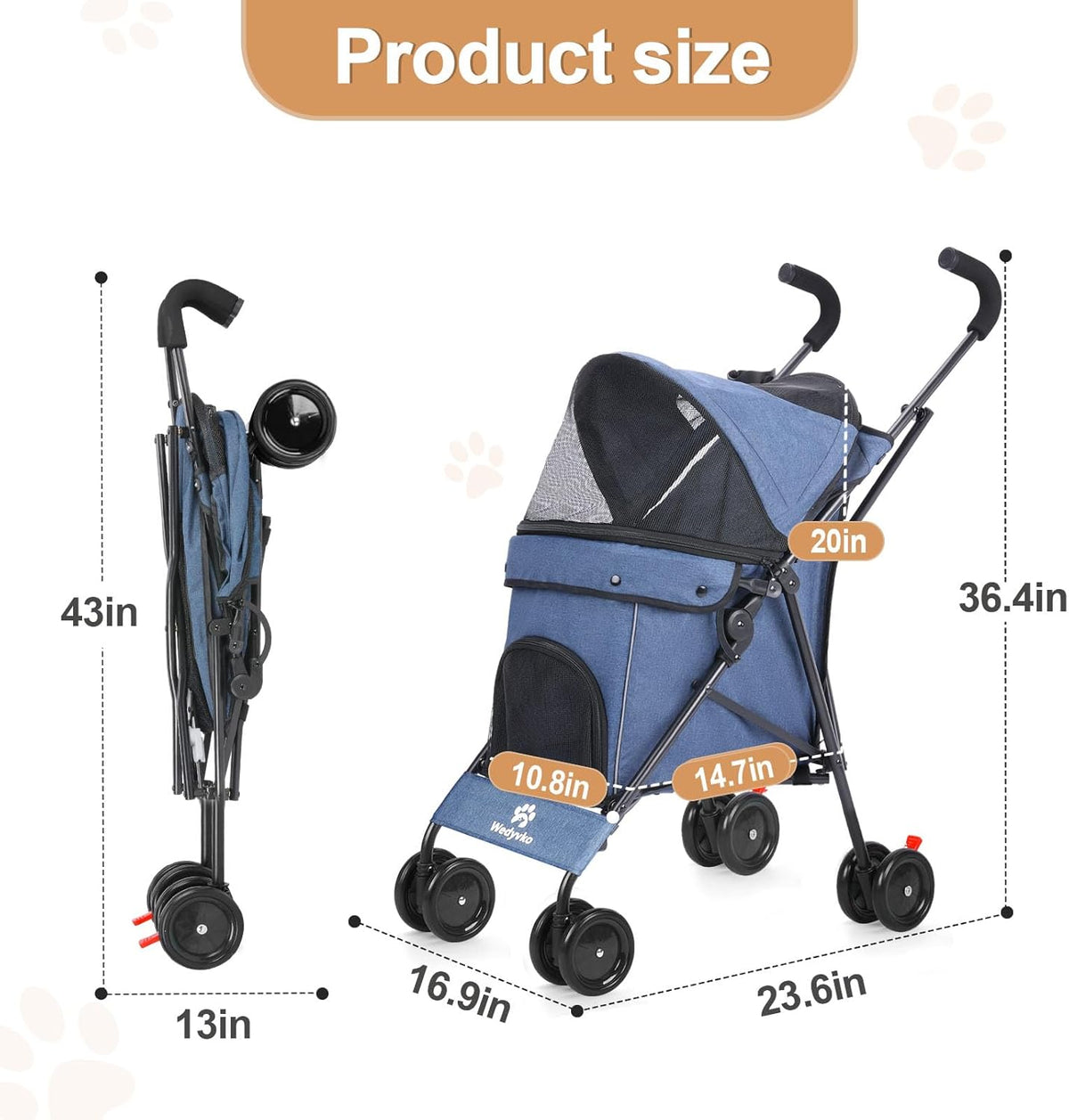 Wedyvko Travel Portable Dog Stroller, Pet Stroller for Small Puppy Dogs & Cats, Up to 33 lbs, Navy