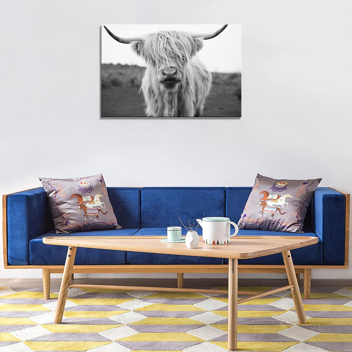 XXMWallArt FC3669 Highland Cow Canvas Art - Black and White Animal Wall Art for Living Room