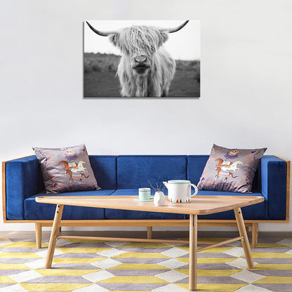 XXMWallArt FC3681 Highland Cow Canvas Art - Black and White Animal Wall Art for Living Room
