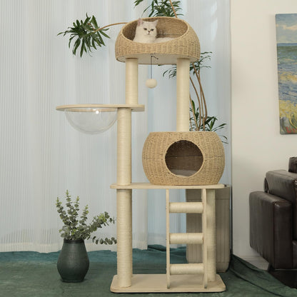 Rattan Cat Tree for Indoor Cats,Tall Cat Tree Tower with Cat Scratching Post,Wood Cat Tower for