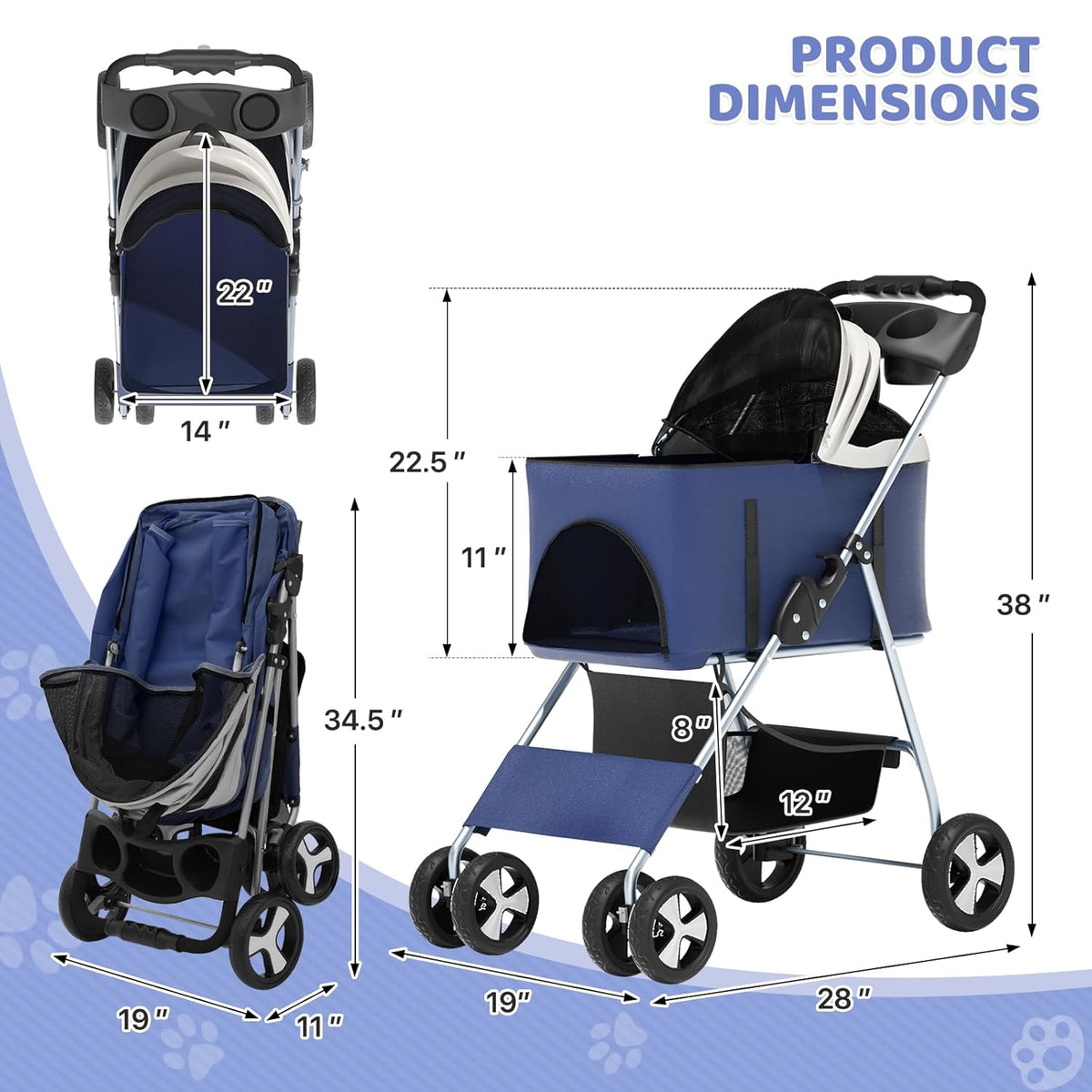 Magshion Foldable Pet Stroller, 3-in-1 Dog Travel Jogger with Detachable Carrier, Cup Holder