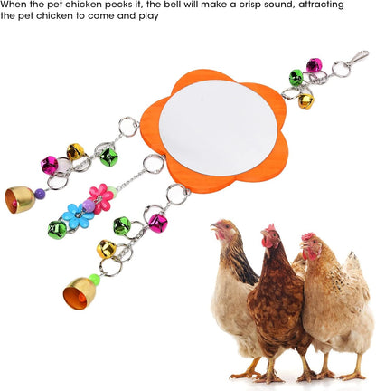 GLOGLOW Bird Mirror Toy, Hanging Parrot Mirror Rooster Toy Mirror with Colored Bells Interactive