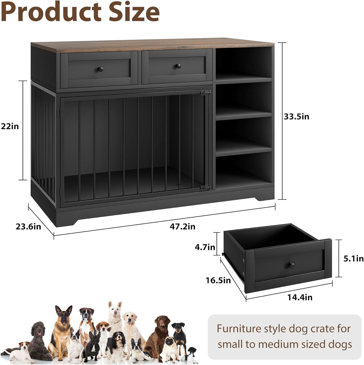 Dog Crate Furniture 47", Large Dog Crate TV Stand with 2 Drawers and 4 Shelves, Wooden Dog Kennel