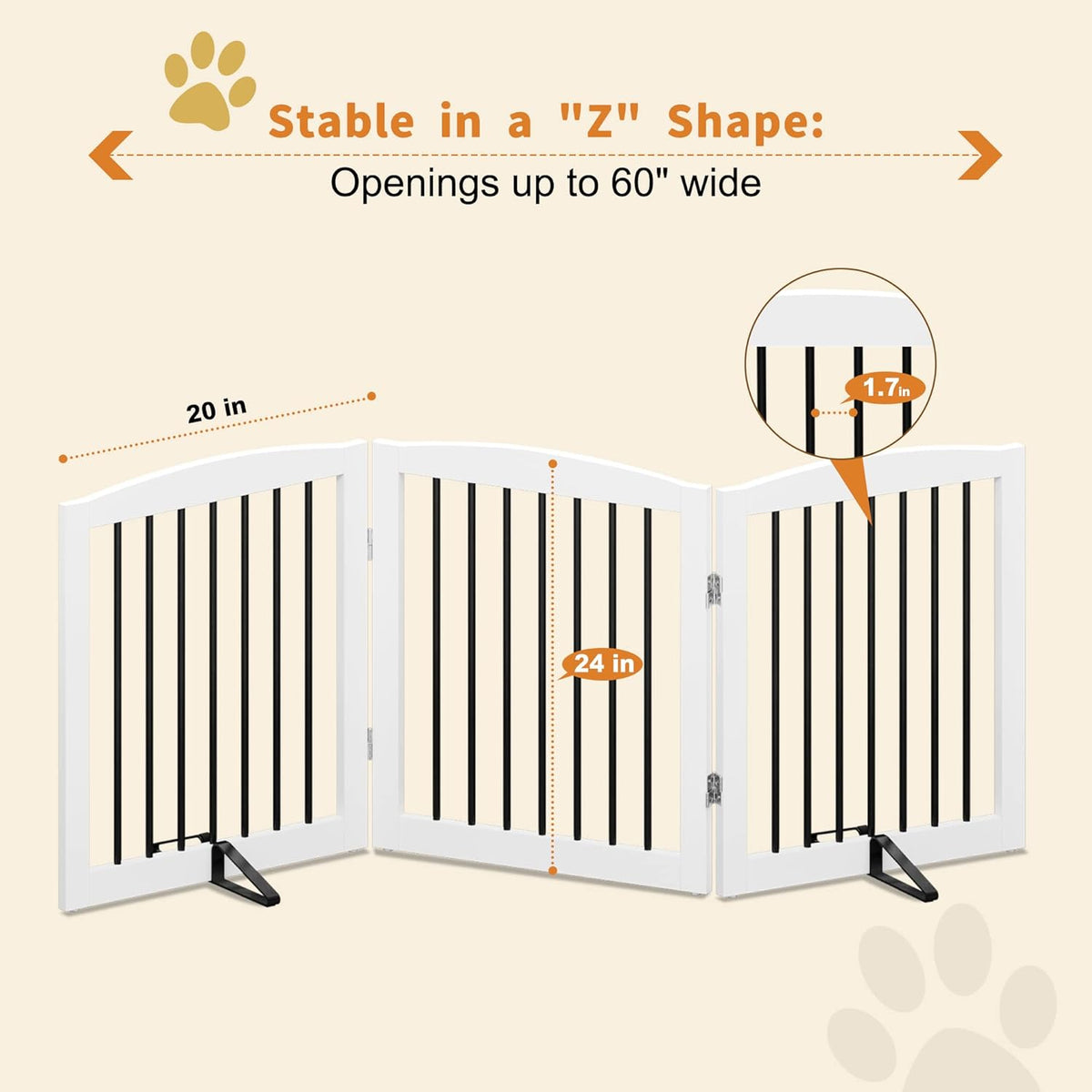 Freestanding Wooden Pet Gate for House, Foldable Indoor Dog Gate for Doorways, Stairs - 24" Height