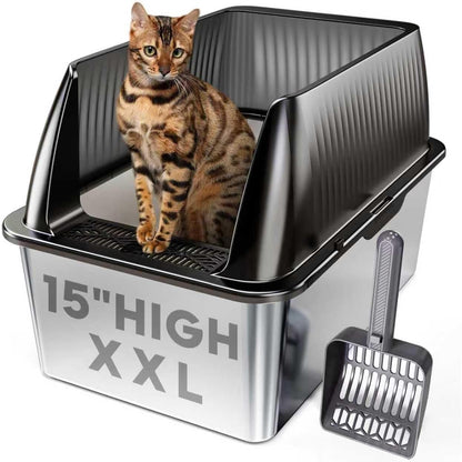 Tripamin 15” XL Stainless Steel Cat Litter Box Enclosure, XXL Stainless Steel High Sides with Lid