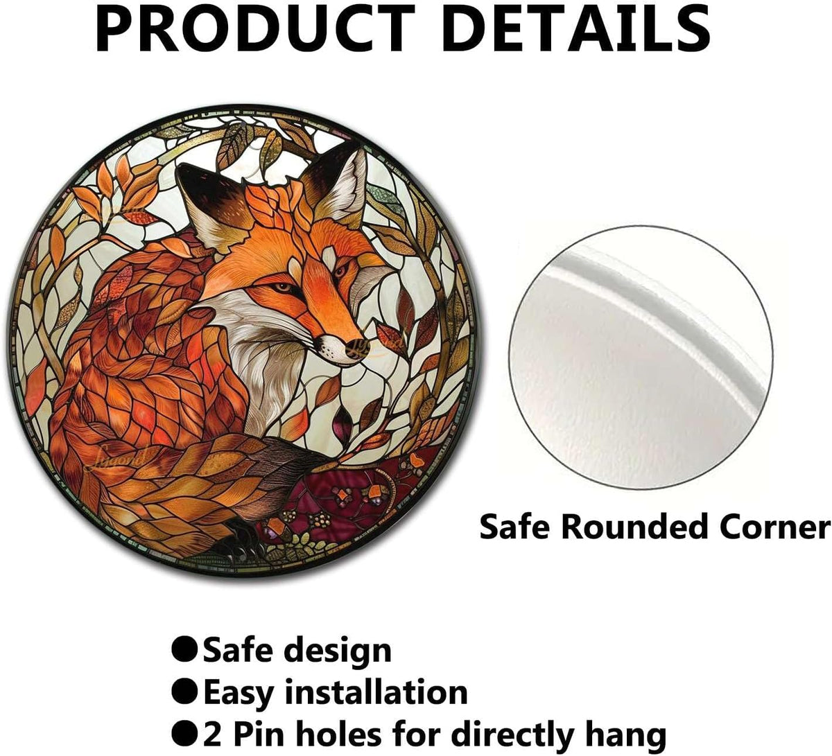 Lygond Metal Sign Tin Sign Circular Stained Glass Red Fox2 Funny Garden Signs For Garage 12×12