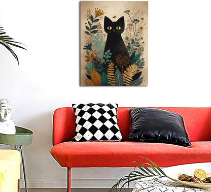 Boho Black Cat Wall Art Kitten Botanical Wall Decor Mid Century Modern Canvas Painting Print