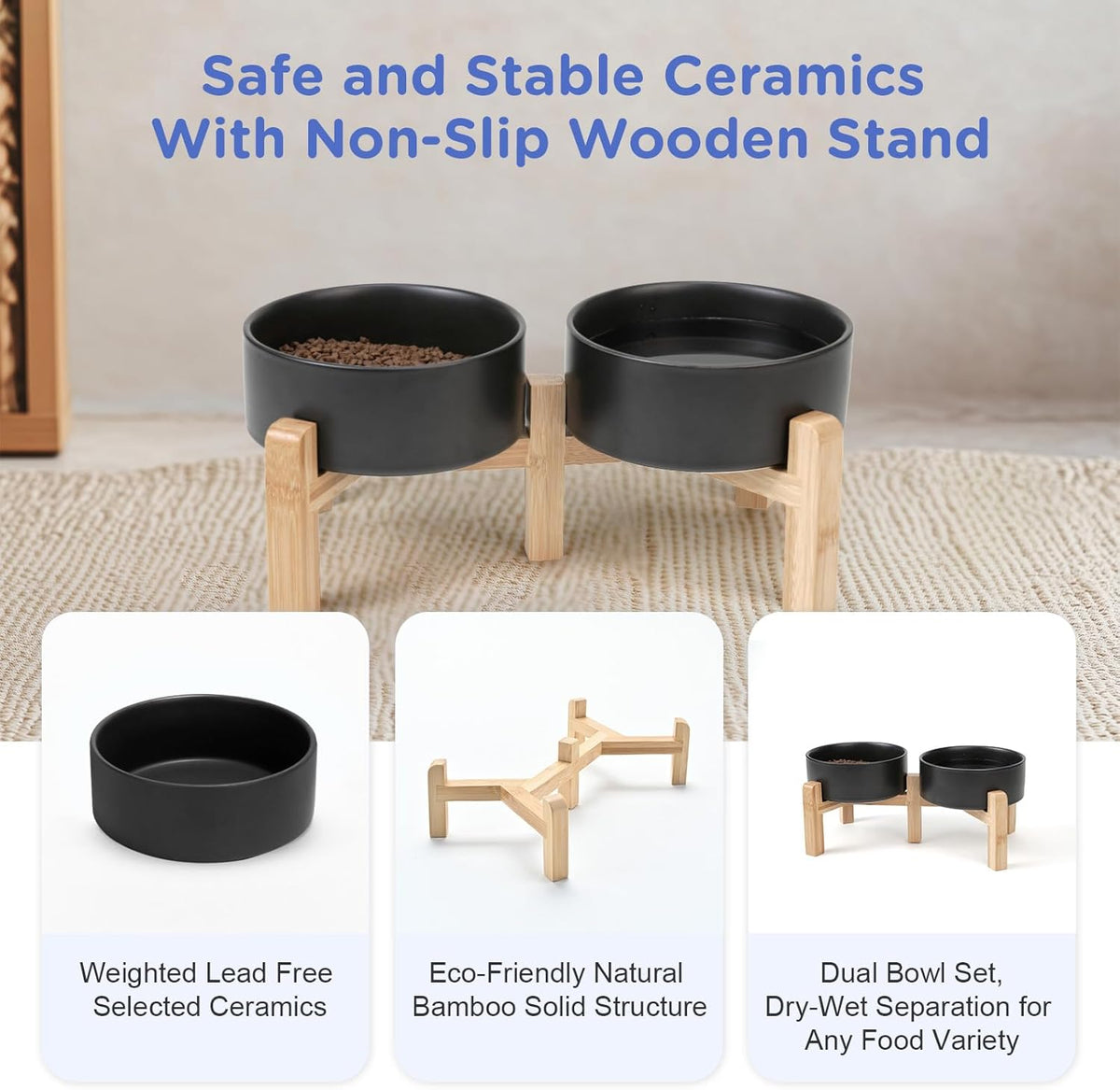 SPUNKYJUNKY Elevated Dog Bowls Ceramic, 5.1'' Dogs and Cat Food Water Bowls Raised with Non-Slip