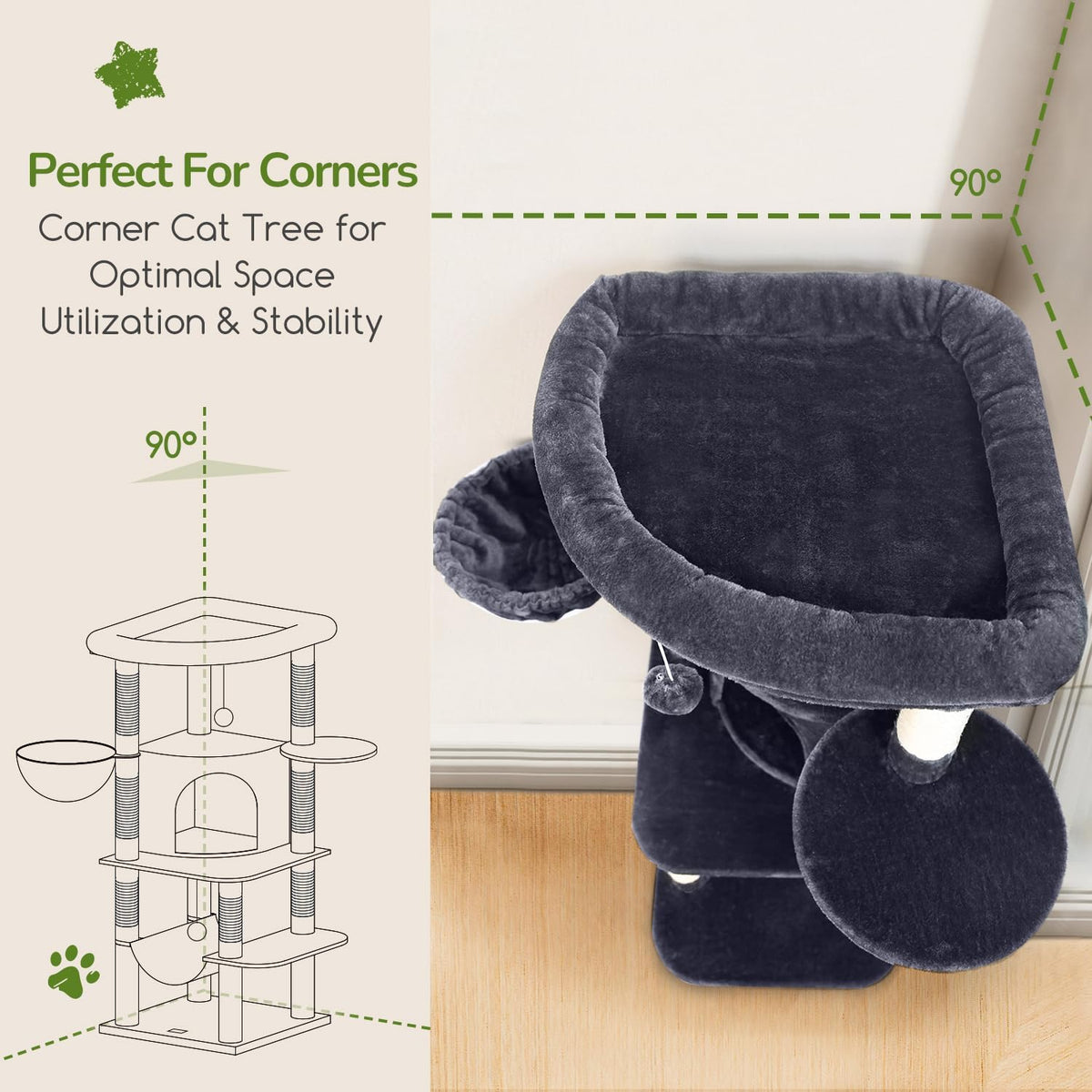 Globlazer Corner Cat Tree Tower for Indoor Cats, 51in Multi-Level Cat Condo Tower with Large
