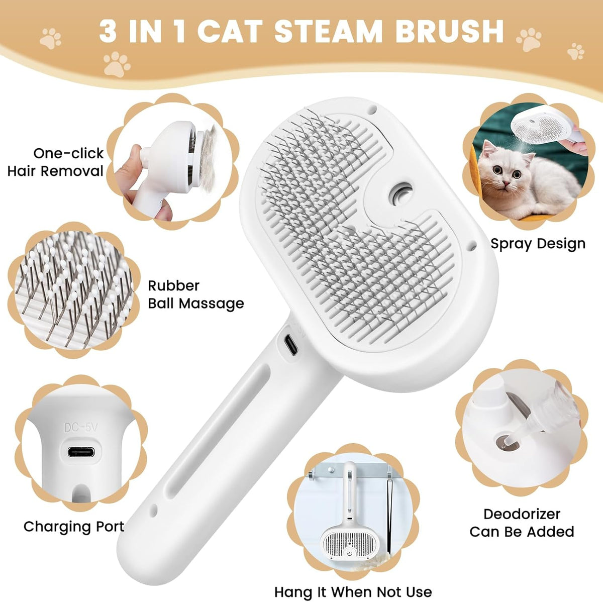 Cat Steam Brush, 3 In 1 Steamy Cat Brush with Release Button and Tank, Anti-Static Pet Spray Hair