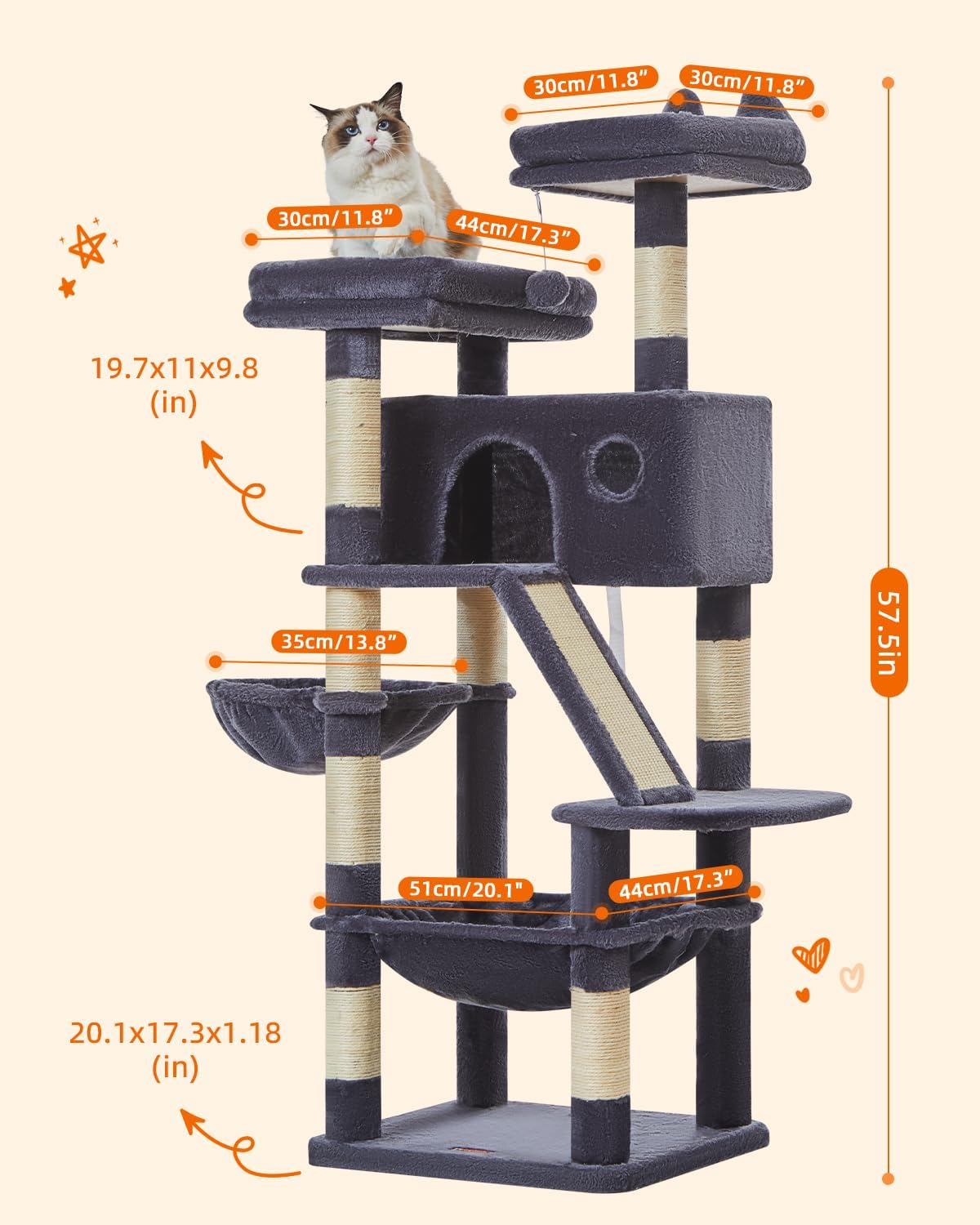 Taoqimiao Cat Tree 57.5-Inch, Cat Tower for Indoor Cats Large Adult, Extra Large Cat Condo, 8 Sisal