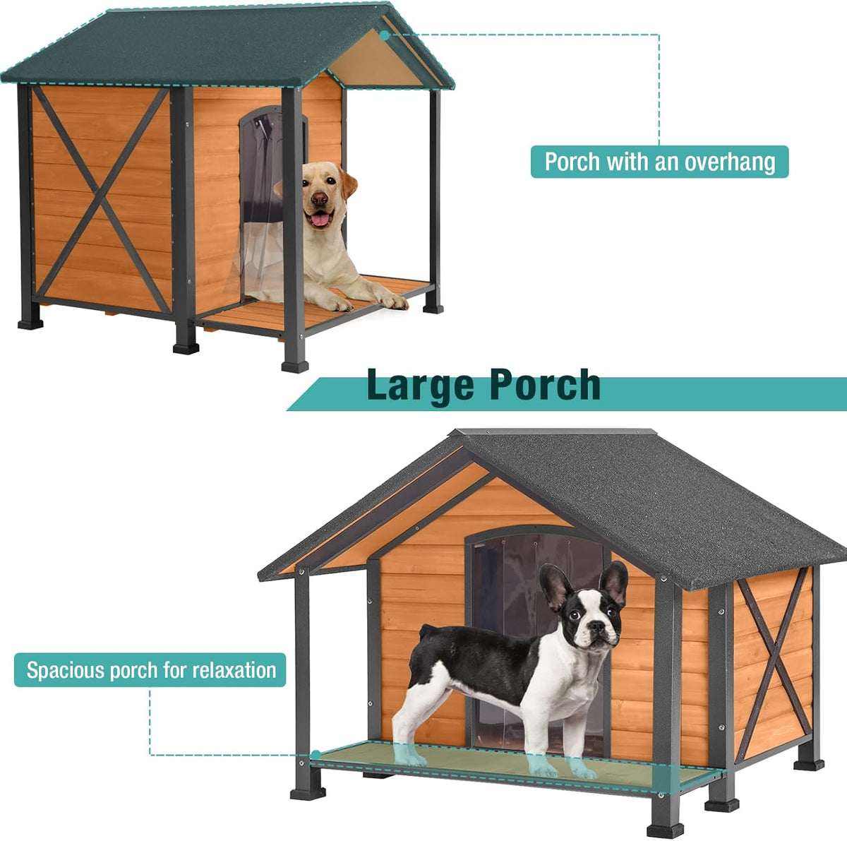 Outdoor Dog House,Weatherproof Wooden Dog Shelter for Medium and Large Sized Dogs,Iron Frame Indoor