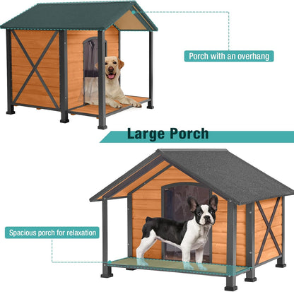 Outdoor Dog House,Weatherproof Wooden Dog Shelter for Medium and Large Sized Dogs,Iron Frame Indoor