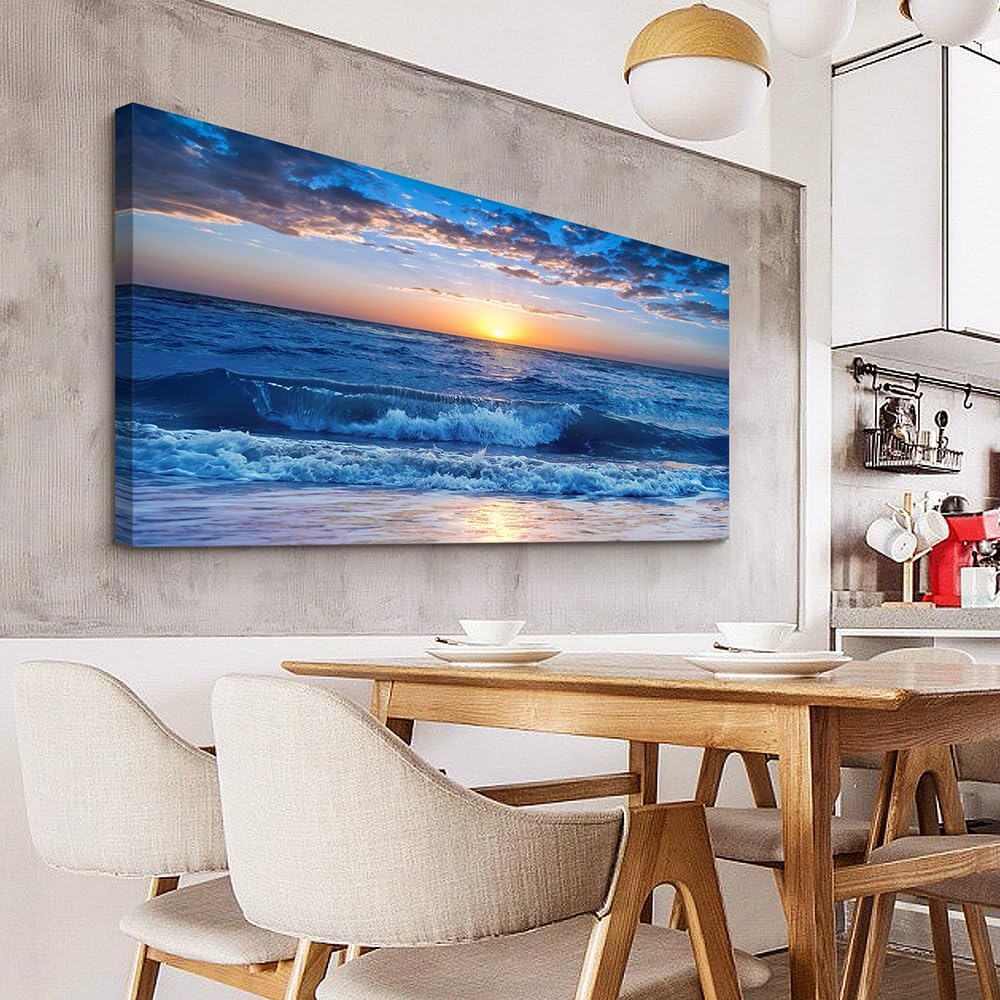 Lapremoly Framed Canvas Wall Art - Large Blue Ocean Beach Wall Painting for Living Room, Bedroom &