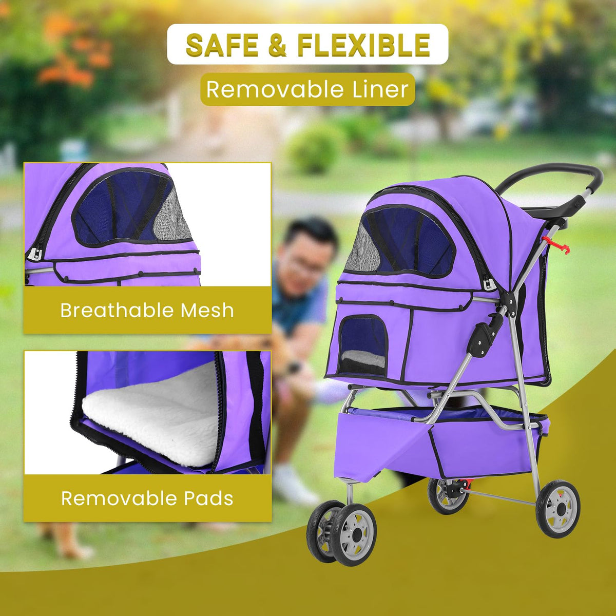 Foldable Pet Stroller,Dog Stroller with 3 Wheel,Pet Strolling Cart,Dog Travel Carrier with Storage