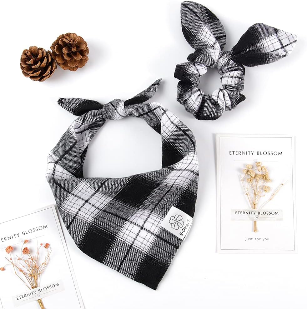 E-Clover Dog Bandanas & Matching Scrunchie Set Boy Plaid Dog Scarf Triangle Bandana Bibs for Medium
